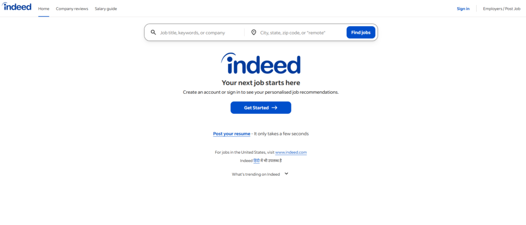 Image of Indeed homepage which is one of the best candidate sourcing tools in 2026