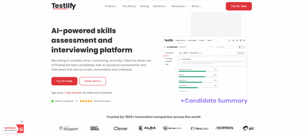 Image of Testlify homepage which is a leading AI powered skills assessment platform and is one of the best Sova alternatives 