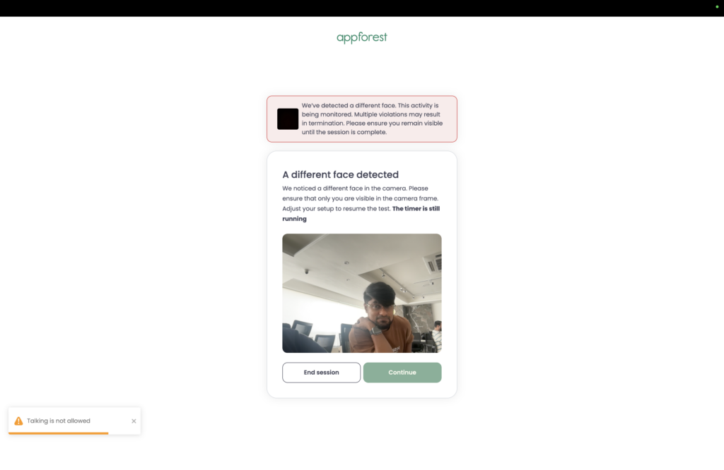 Image showing Testlify's face detection feature which comes as a part of anti-cheating suite built for high-stakes hiring