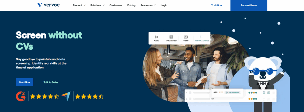 Image of Vervoe homepage which is one of the best Predictive Index alternatives