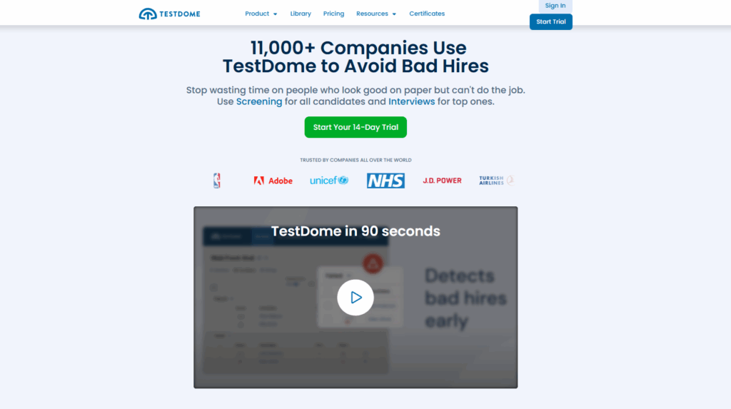 Image of TestDome homepage which is one of the best ASC Smarter Assessment alternatives