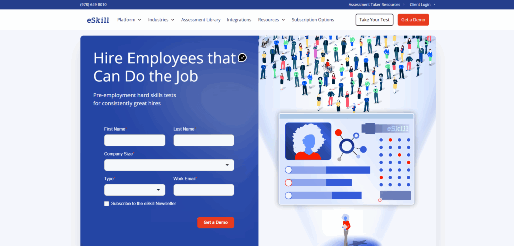 Image of eSkill homepage which is an employment testing & pre-employment assessment software considered to be one of the best Saville alternatives