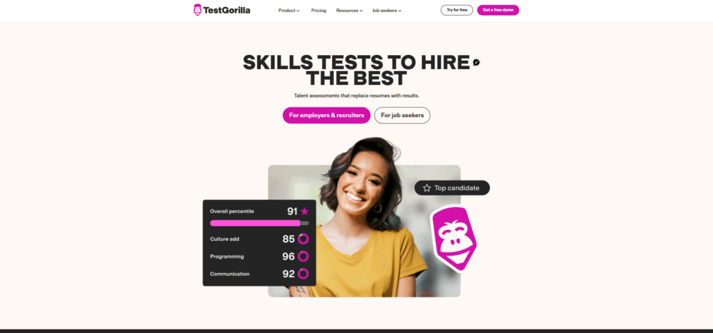 Image of Testgorilla homepage which is one of the best Predictive Index alternatives