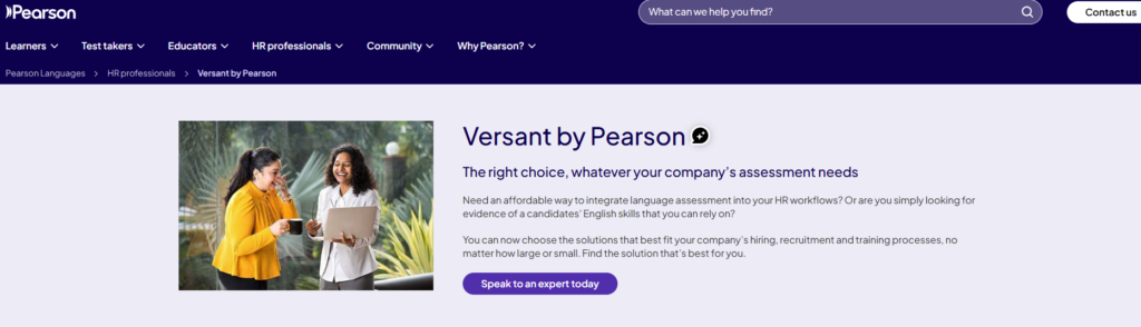 Image of Versant by Pearson which is a platform for testing the language proficiency of candidates