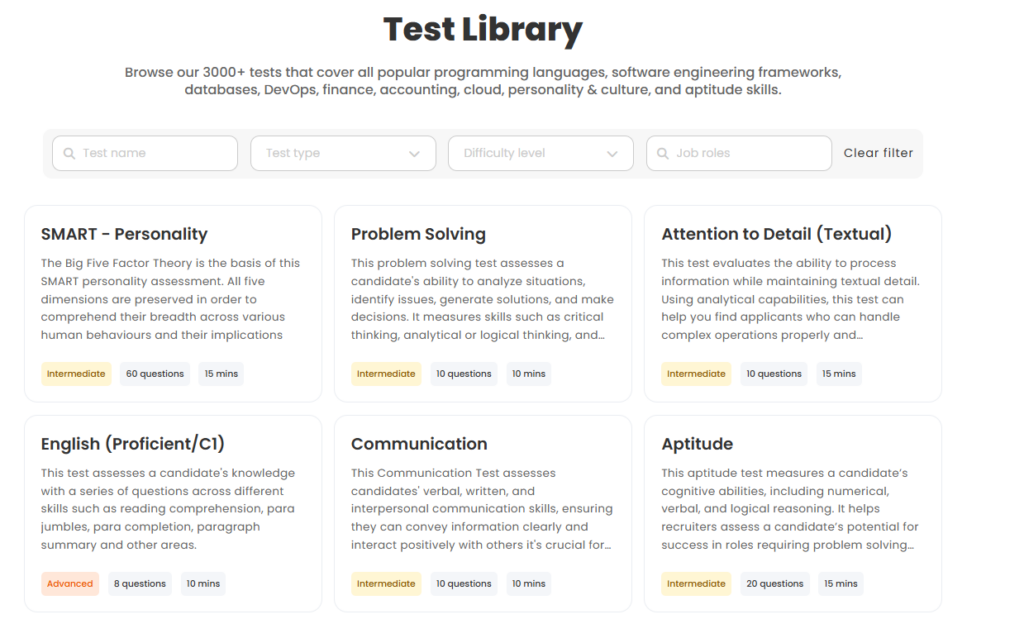 Image of Testlify's test library of skill tests