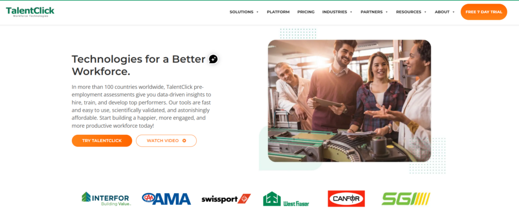 Image of Talentclick homepage which is one of the e-skill alternatives