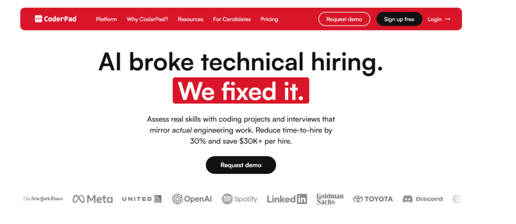 Image of Coderpad homepage which is a HackerRank alternative used by recruiters in 2026