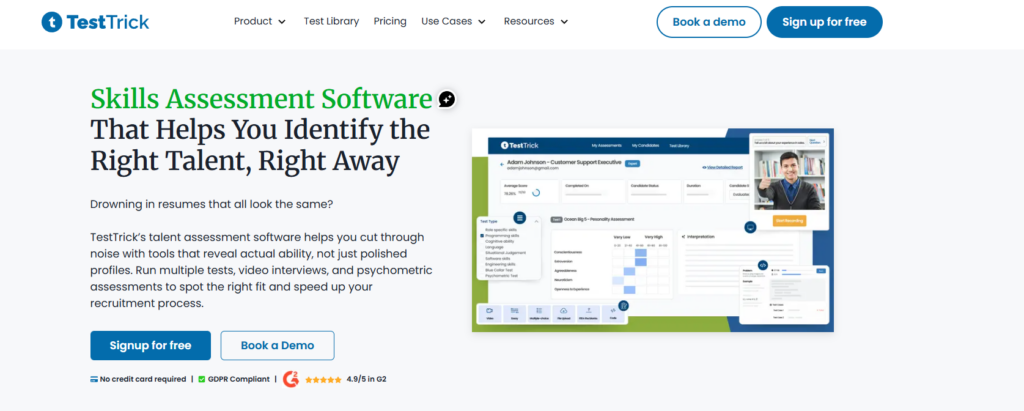 Image of TestTrick homepage which is a HackerRank alternative used by recruiters in 2026