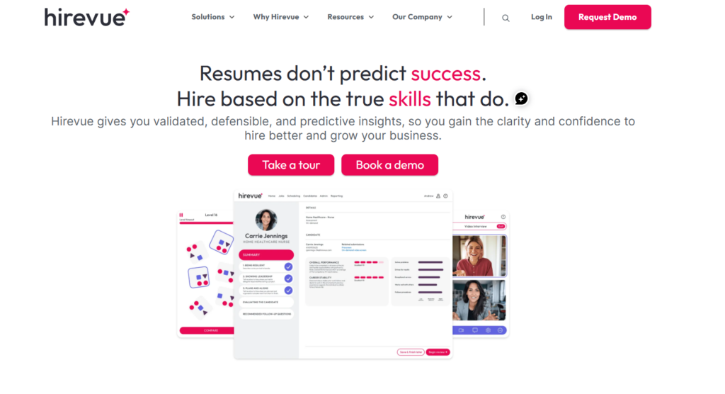 Image of Hirevue homepage which is a HackerRank alternative used by recruiters in 2026
