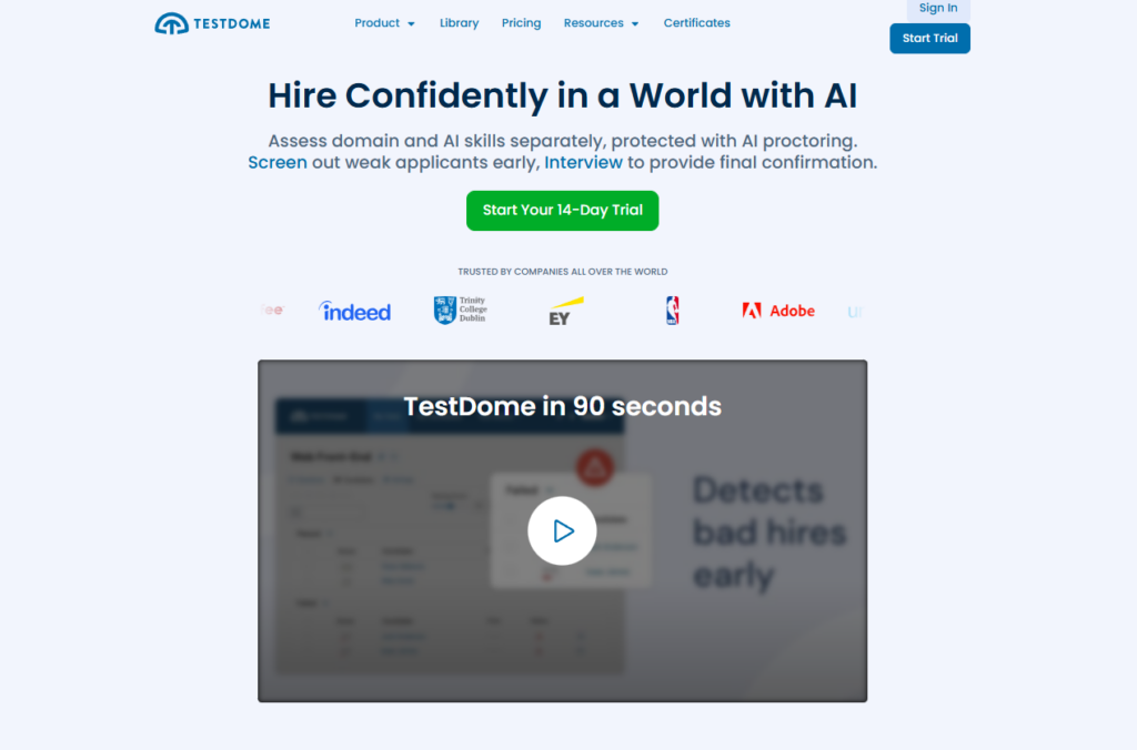 Image of TestDome homepage which is a HackerRank alternative used by recruiters in 2026