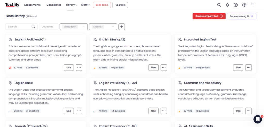 different types of language tests offered by testlify