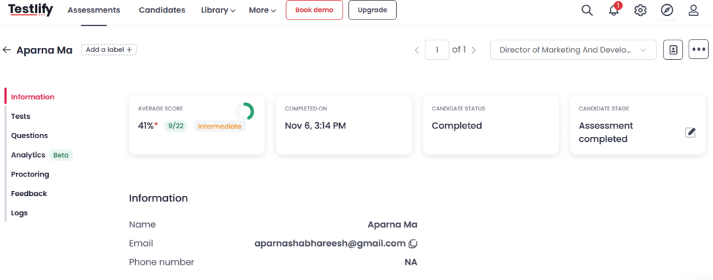 Performance result for recruitment chatbot simulation