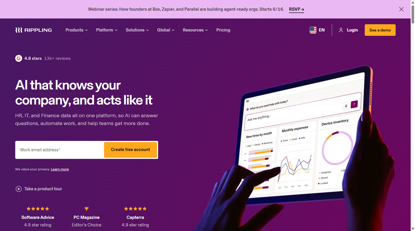 Rippling homepage hero
