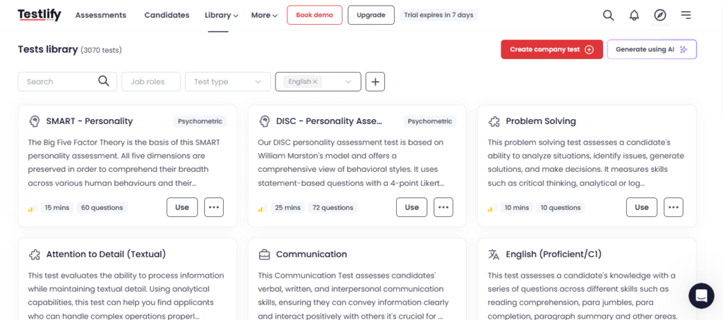 Testlify's test library showing 3,500+ prebuilt tests