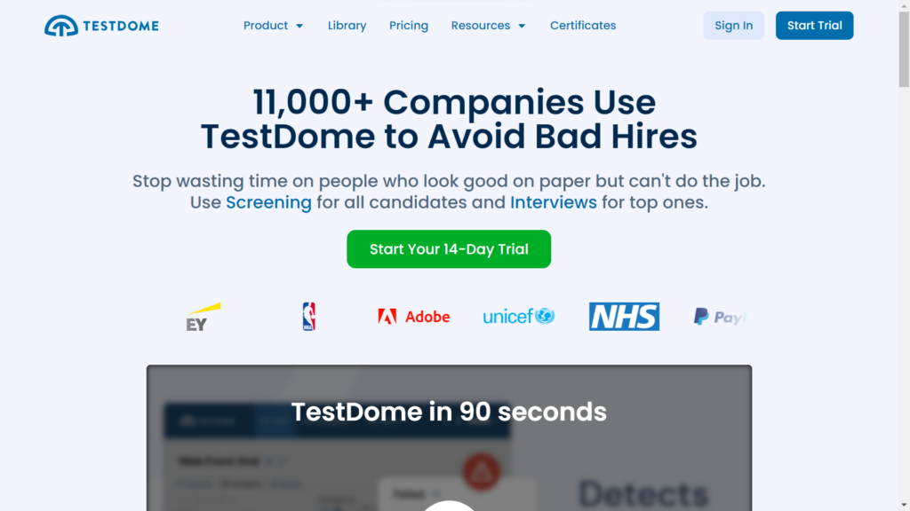 Testdome homepage