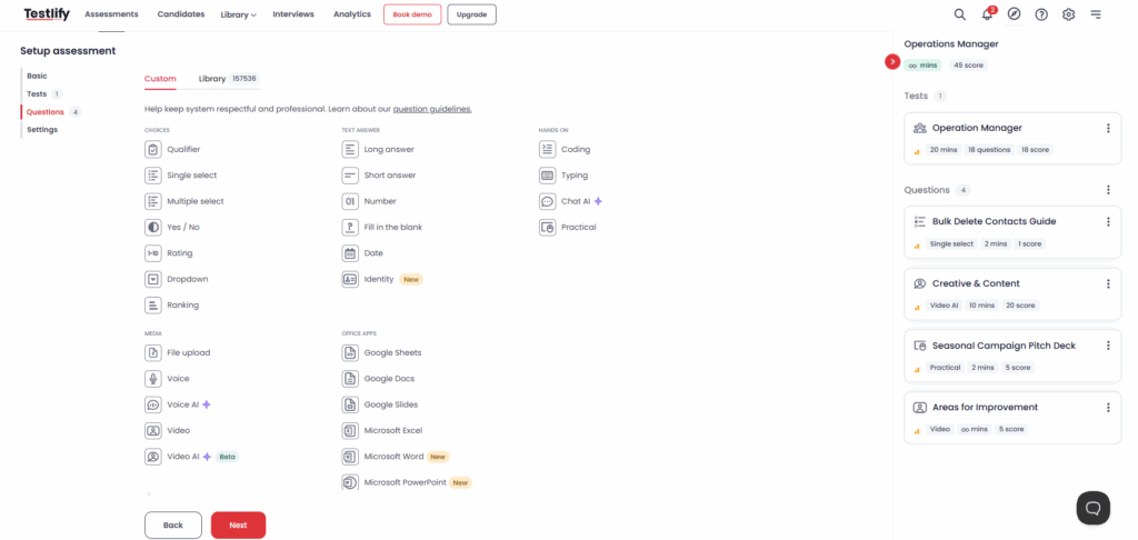 Image showing Testlify's assessment creation interface with options for question types including voice, video, practical, AI scoring, and app-based questions like Google Sheets and Microsoft Word.