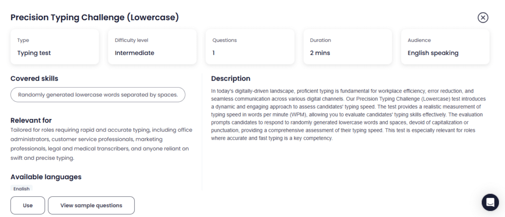 Typing test offered by Testlify