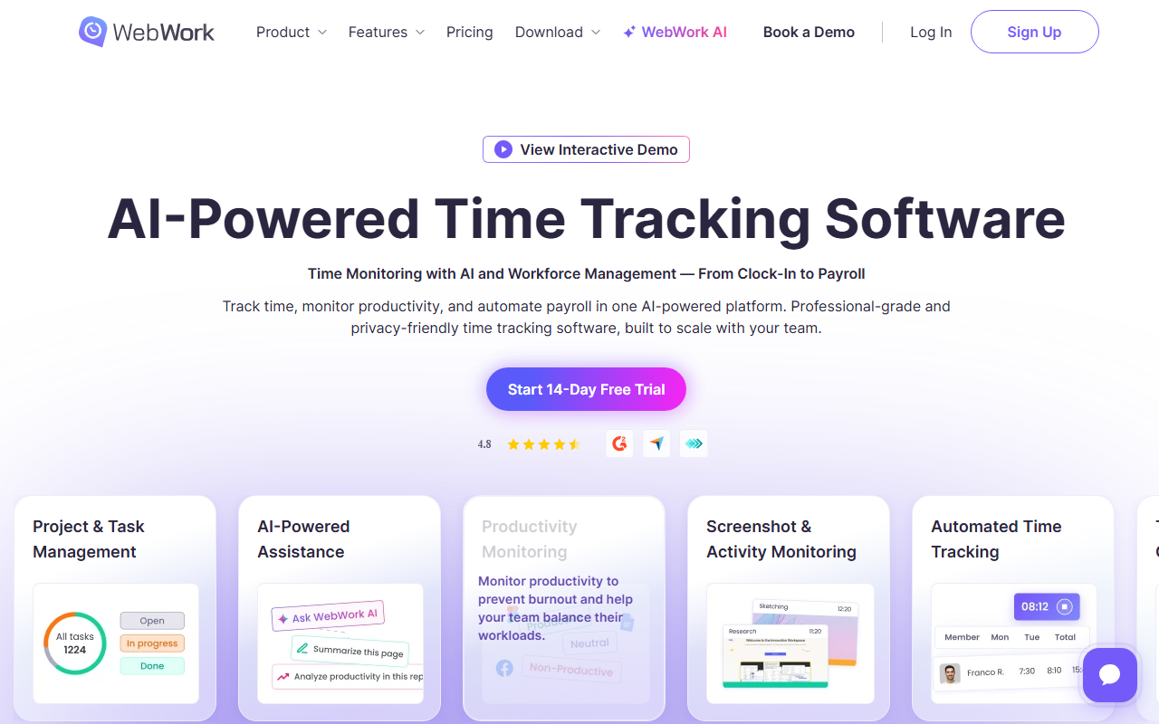WebWork Time Tracker homepage hero