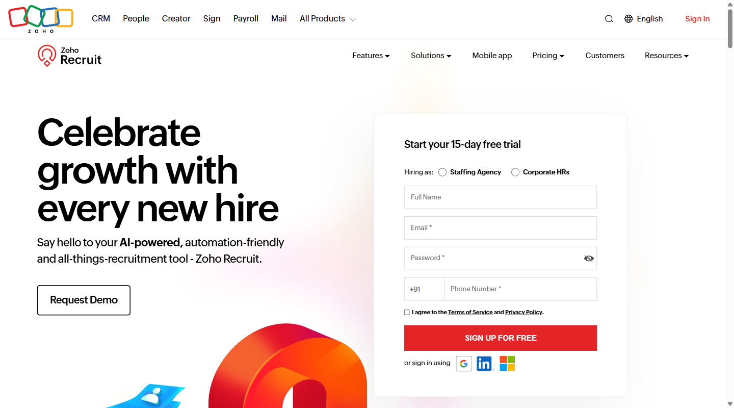 Zoho Recruit homepage hero