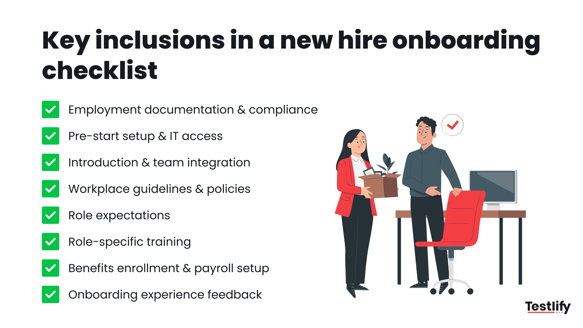 Image showing key inclusions in a new hire onboarding checklist
