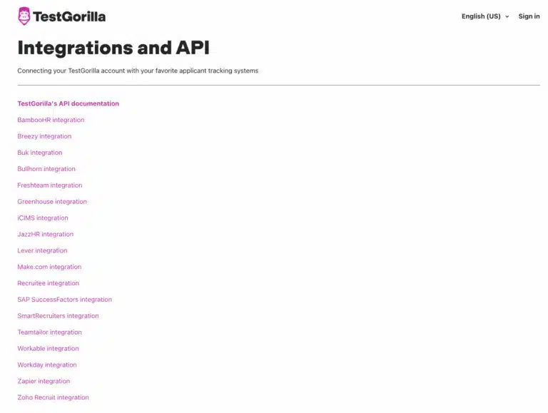 Image showing integrations supported by TestGorilla