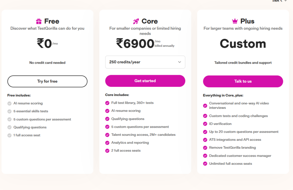 TestGorilla pricing plans