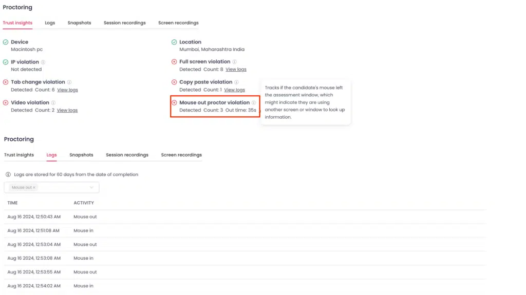 Image showing Mouse out tracking report from Testlify