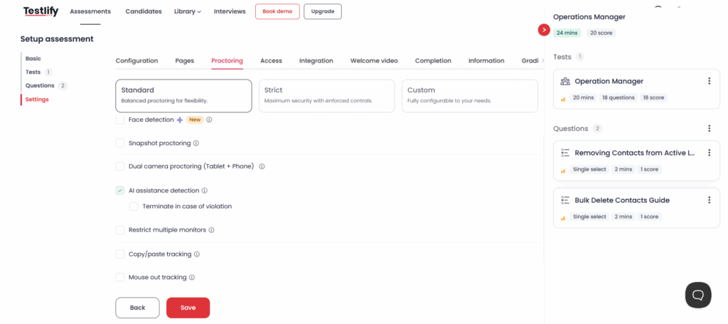 Image showing screenshot of proctoring dashboard of Testlify
