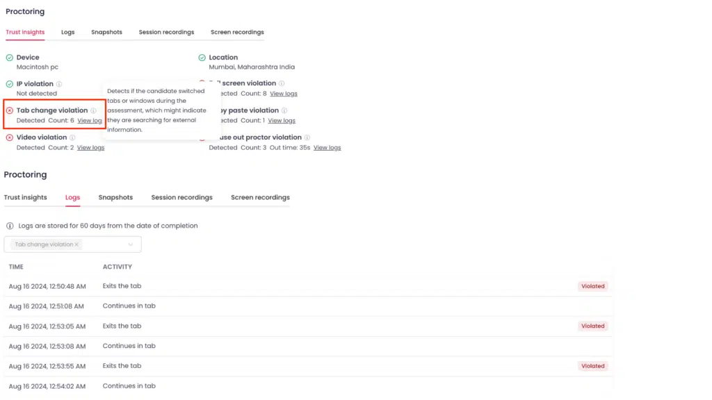 Image showing Testlify's proctoring report