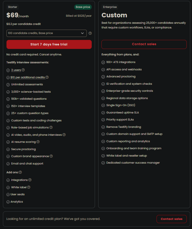 Testlify pricing plans
