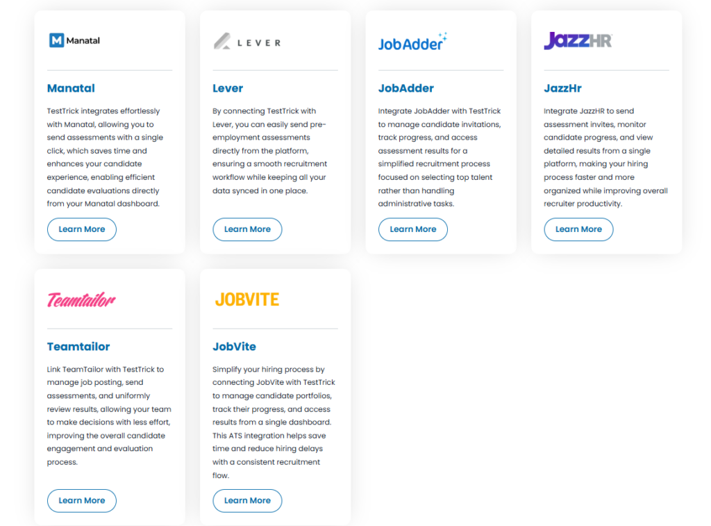 Image showing the ATS integrations supported by TestTrick