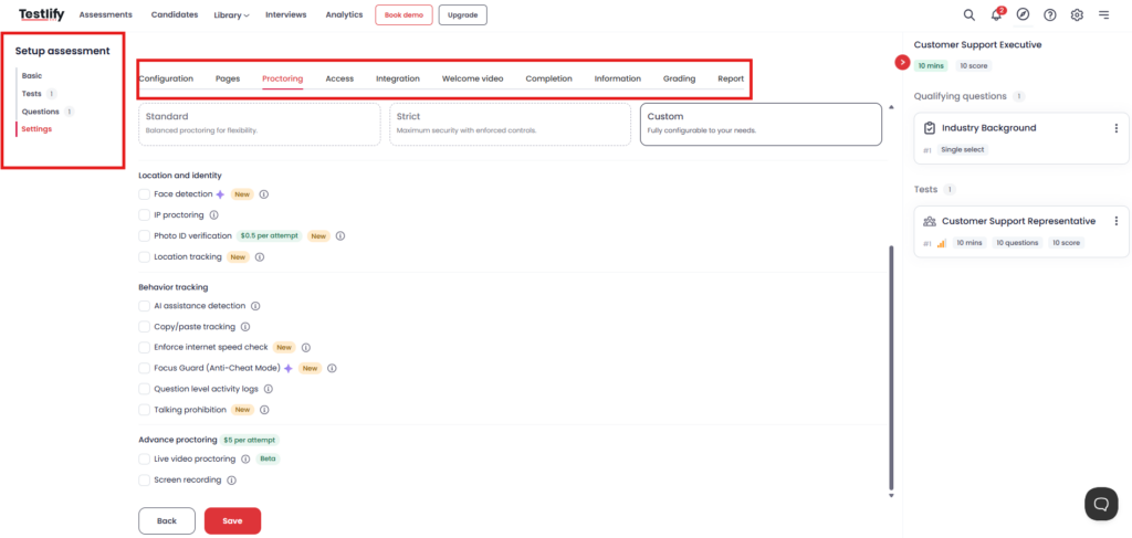 Proctoring setings in the assessment workflow Testlify